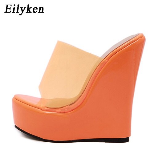Eilyken pvc jelly orange gul plattform wedges tofflor för kvinnor rejäla tofflor sandaler skor storlek 35-42: Orange / 10