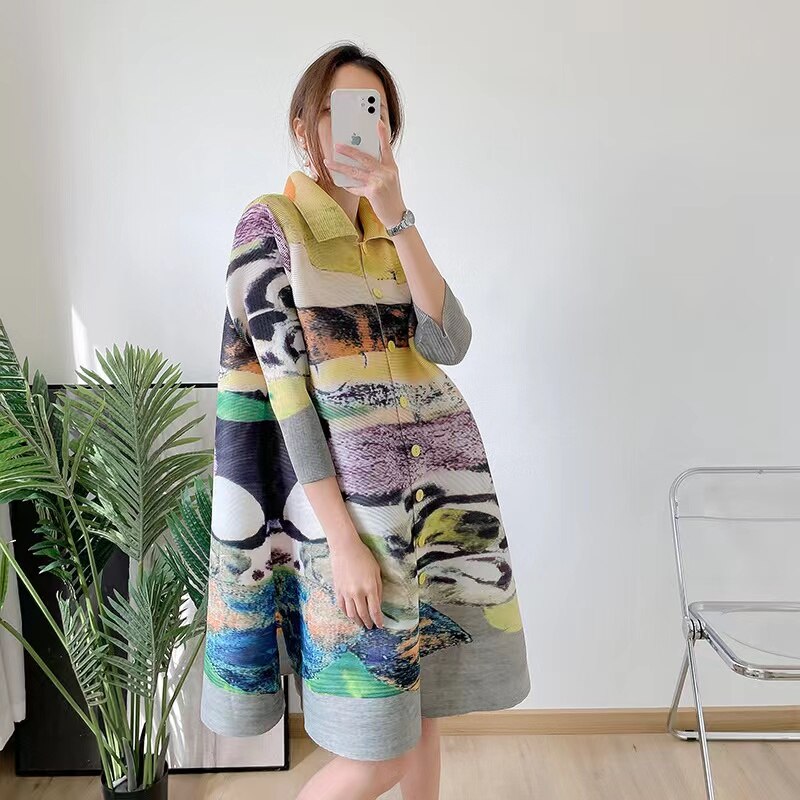 Miyake – manteau plissé imprimé pour femmes, Slim, grande taille, rétro, revers, simple boutonnage, décontracté, printemps 2022