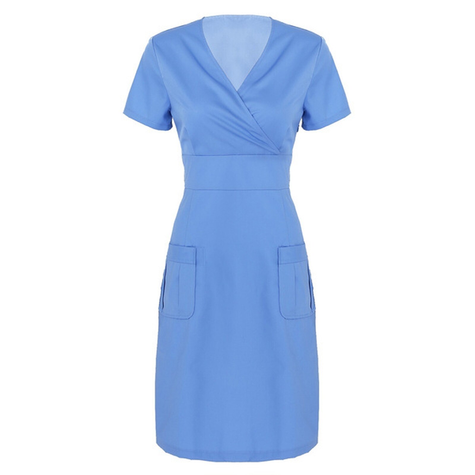 women's uniform dress Casual Short Sleeve V-neck Solid Working Uniform Solid Pocket Dress beautician uniform nurse uniform: Blue / S