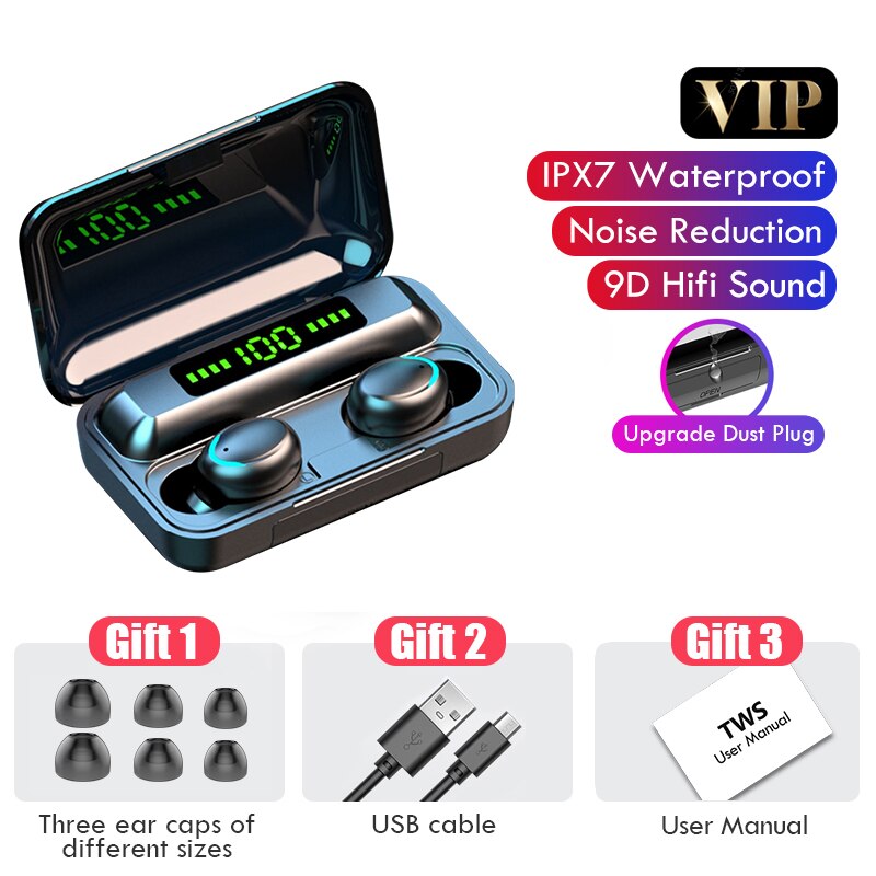 Tws Bluetooth 5.0 Koptelefoon 2200Mah Opladen Doos Draadloze Hoofdtelefoon 9D Stereo Waterdichte Oordopjes Headsets Voor Slimme Horloge Telefoon: Black