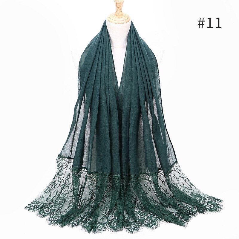 Two Sides Floral Lace Hijabs Viscose Head Scarves Muslim Womens Plain Maxi Muffler Cotton Arab Shawl Tudung Turban 1PC: 11 dark green