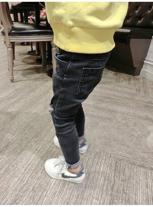 Ripped Boys and Girls Jeans Skinny Pants Spring Autumn Kids Denim Jeans 8JZ019: Black / 6