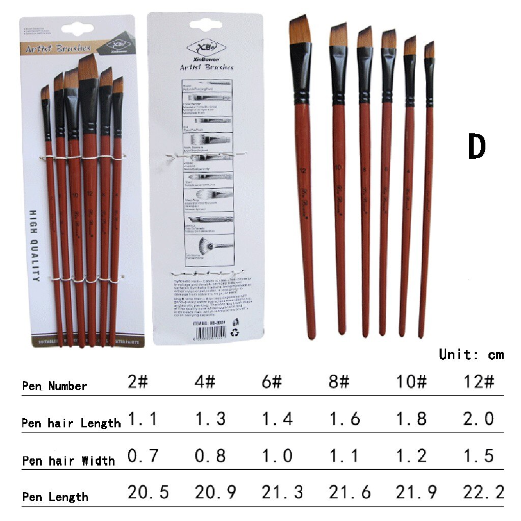 6 Kunstenaar Aquarel Penselen Kwast Voor Nylon Penselen Olieverf Acryl Platte & Tip Kit Pen art Supplies: D