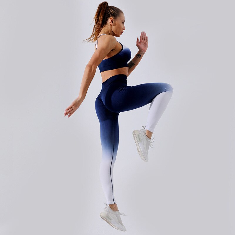 Ombre træningsdragt kvinder fitness træningsdragter gradient yoga sæt elastisk sport bh sømløse leggings gym sæt høj talje yoga bukser