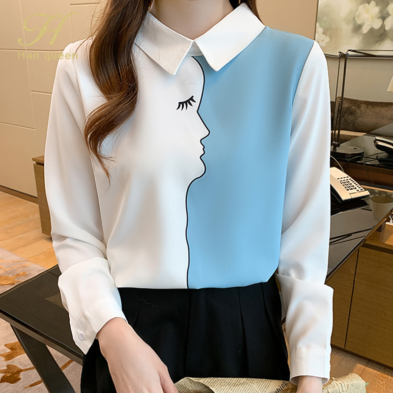 H han queen blusas com costura vintage, blusas femininas elegantes coreanas camisa de escritório manga comprida camisa para mulheres blusa de chiffon
