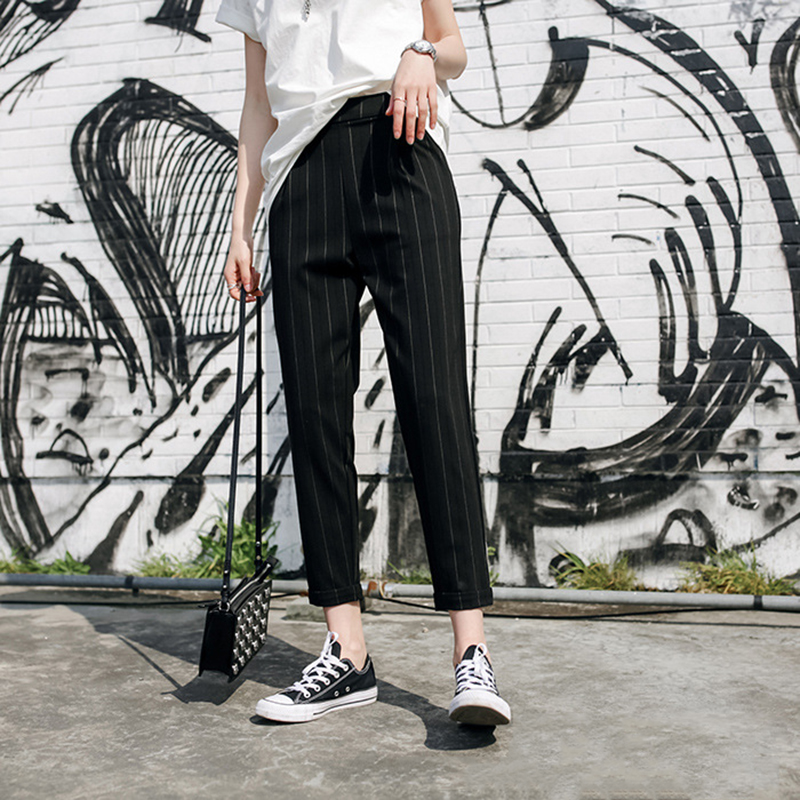 Calças femininas listrado bolsos solto fino verão coreano harem harajuku das mulheres cintura elástica casual novo estilo moda diário