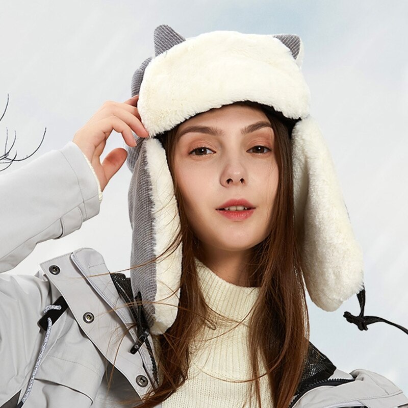 Women Winter Thicken Plush Lining Trooper Bomber Hat Lady Cute Cat Ears Outdoor Cold Weather Snow Ski Windproof Earflap Cap