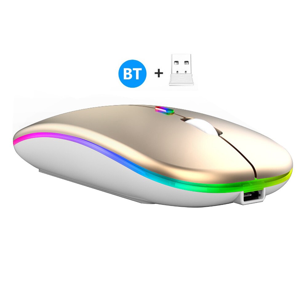 2.4G Wireless Bluetooth LED Mice USB Ergonomic Gaming Mouse for Laptop Computer Wireless Mouse Rechargeable Ergonomic Silent: Golden Dual Mode