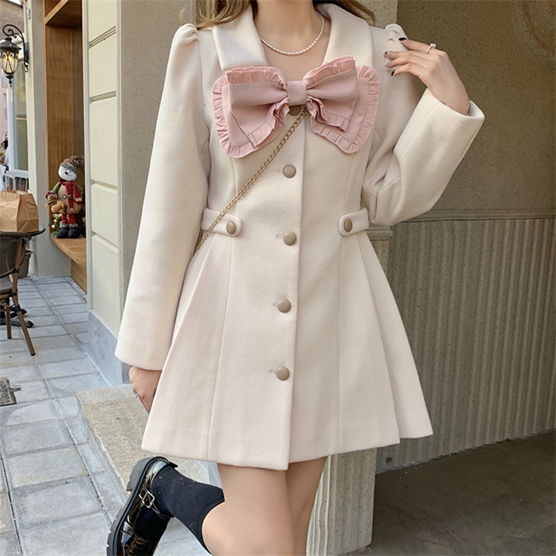 Manteau japonais doux pour fille, manches longues, avec nœud Kawaii, robe d'extérieur Vintage plissée à simple boutonnage, en laine épaisse