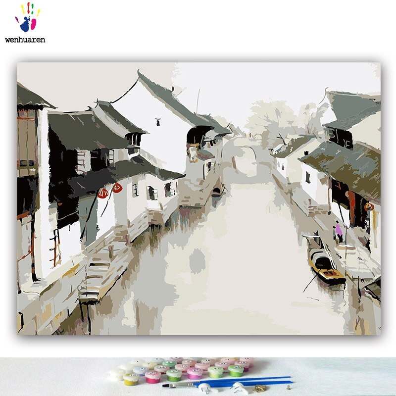 Bricolage colorations photos par numéros avec des couleurs Jiangnan eau ville style chinois image dessin peinture par numéros encadré maison: 7554 / 40x50 with frame