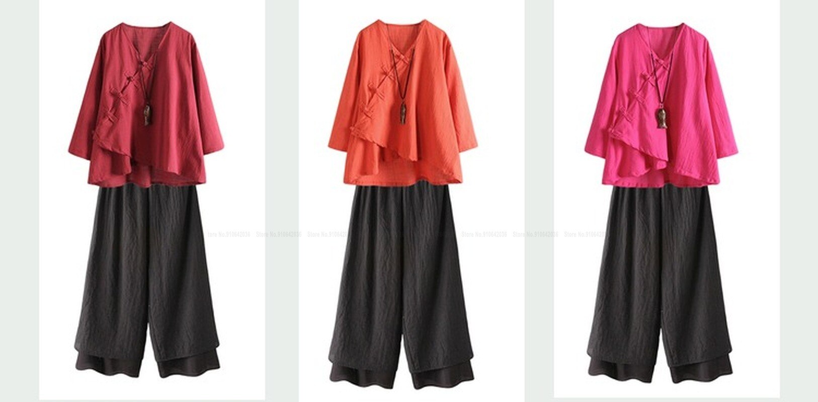 Women Chinese Traditional Retro Style Qipao Tops Pants Wide Leg Trousers Zen Tea Vintage Cheongsam T-shirt Tang Suit Hanfu Set