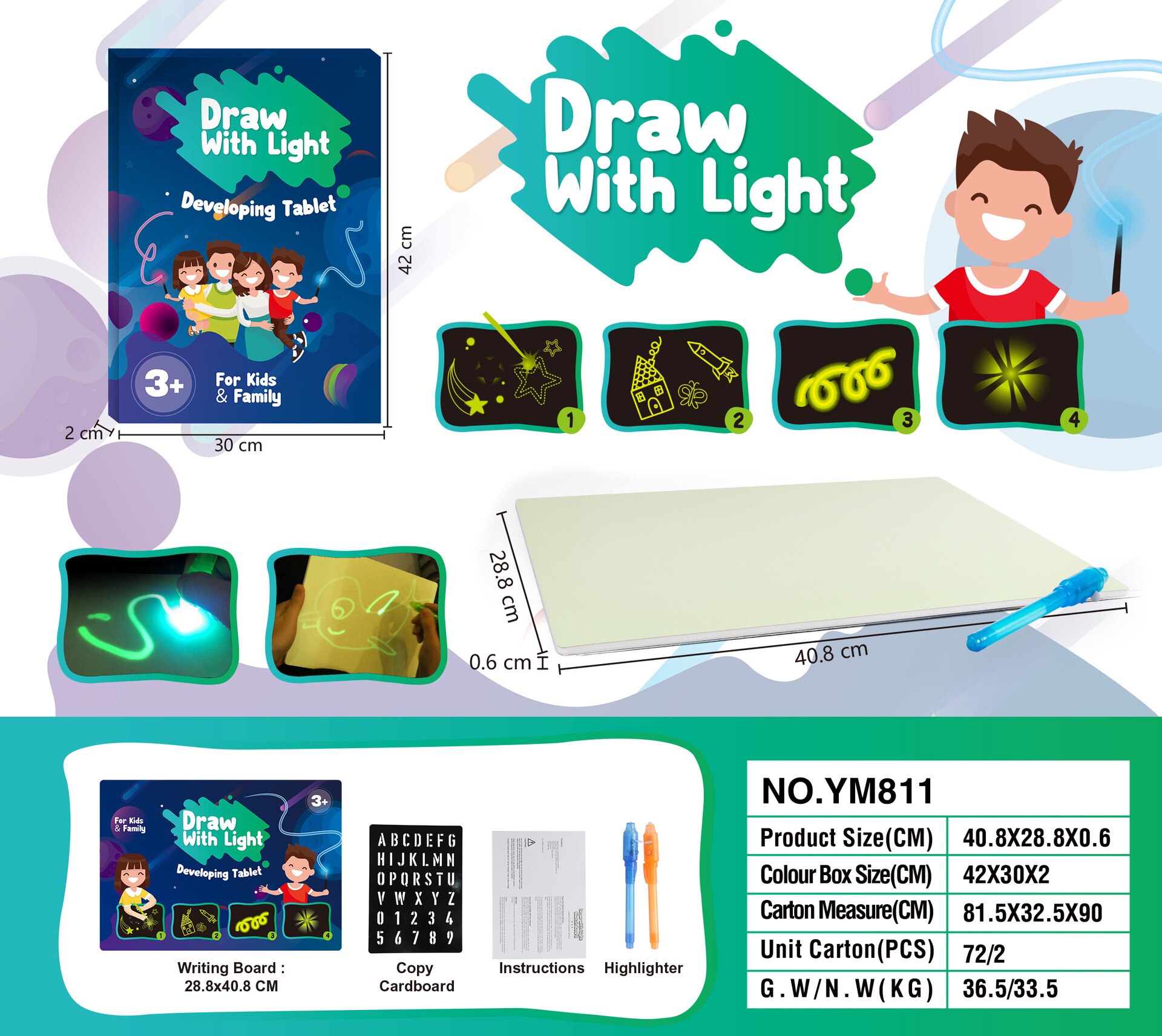 Planche à dessin lumineuse pour enfants, jouets éducatifs, directe, tablette à dessiner dans l&#39;obscurité avec lumière, stylo Fluorescent amusant pour enfants: English-A3-2pen