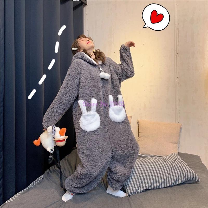 Vrouwen Nachtkleding Unisex Konijn Losse Dikke Pluche Hooded Homewear Leuke Flanel Stitch Pyjama Winter Plus Fluwelen Warm Onesie