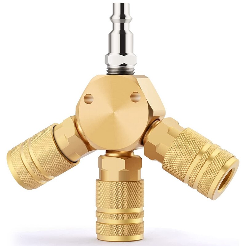 Air Splitter, 3-Way Air Manifold with 3 Pieces Brass Industrial Coupler and 1/4Inch Male NPT Plug, Quick Connect Fitting
