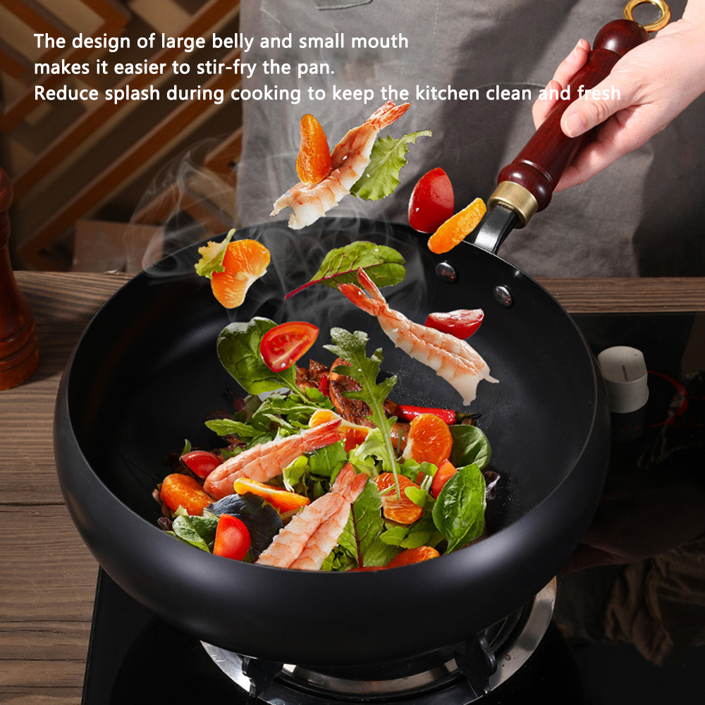 24cm/28cm Uncoated Pot Non - stick Wok Hand-made Iron Pot with Wooden Lid Cooking Pan for Induction Electric Gas All Stoves