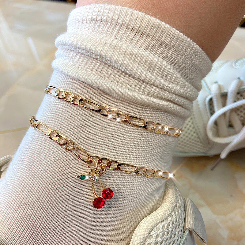 Bare føl 2 stk/sæt søde kirsebær ankelkæder armbånd til kvinder multicolor krystal ankellænke sommer til fods barfodet sandaler smykker