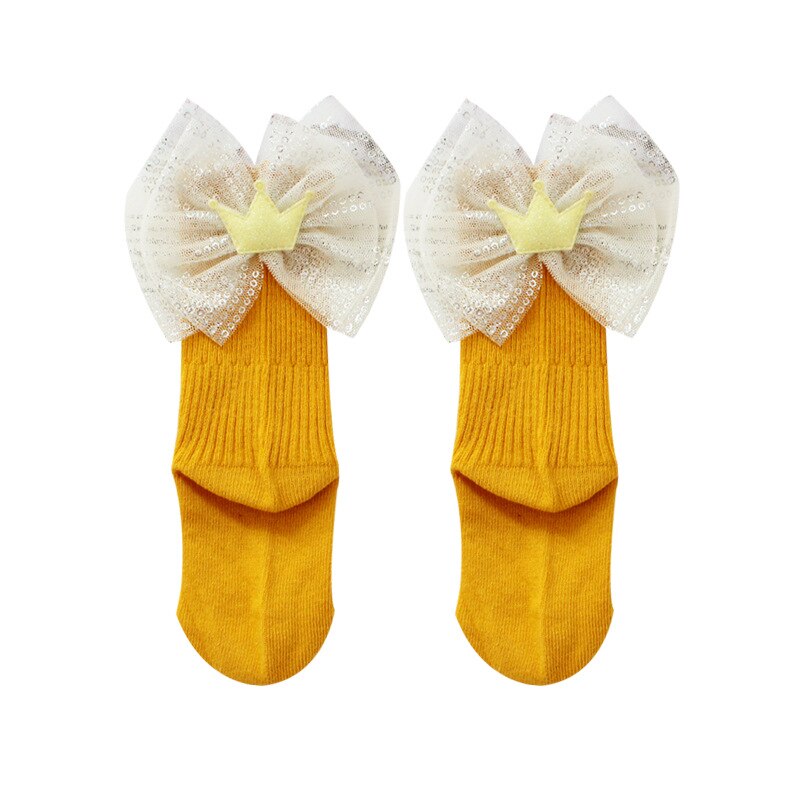 groß Bowknot Baby Socken Prinzessin Krone freundlicher Mädchen Kurze Socken Pailletten Frühling Herbst Baumwolle freundlicher Kleinkind Socken: Gelb