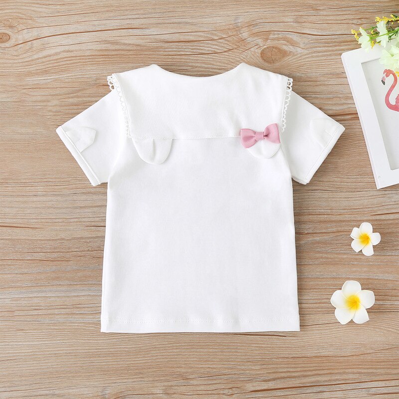 Girl Summer Cotton Short-sleeved T-shirt Korean Children's Clothing Solid Color Bow Shirt Baby Tees Female