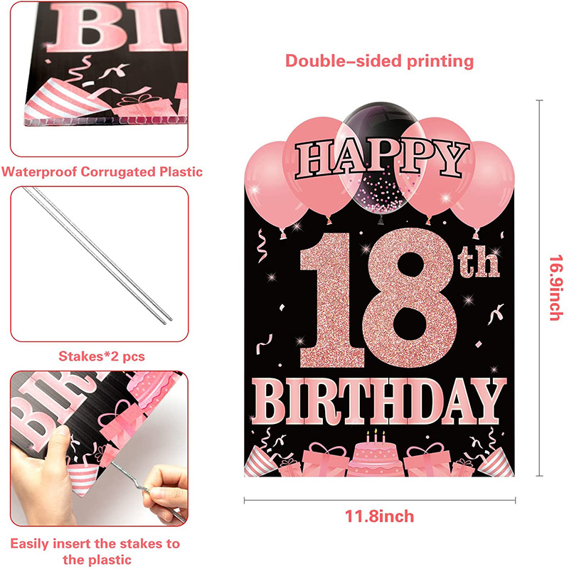 Happy 18th Birthday Yard Sign Party Favor Waterproof Rose Gold Theme Pink Lawn Signs Birthday Decoration Supplies for Teens