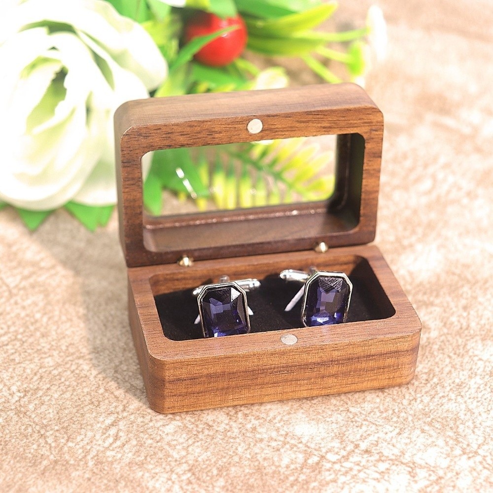 Caja de anillo de madera con doble ranura, ventana de apertura Rectangular, caja de gemelos de nogal negro, exquisito soporte para anillo de joyería a prueba de polvo