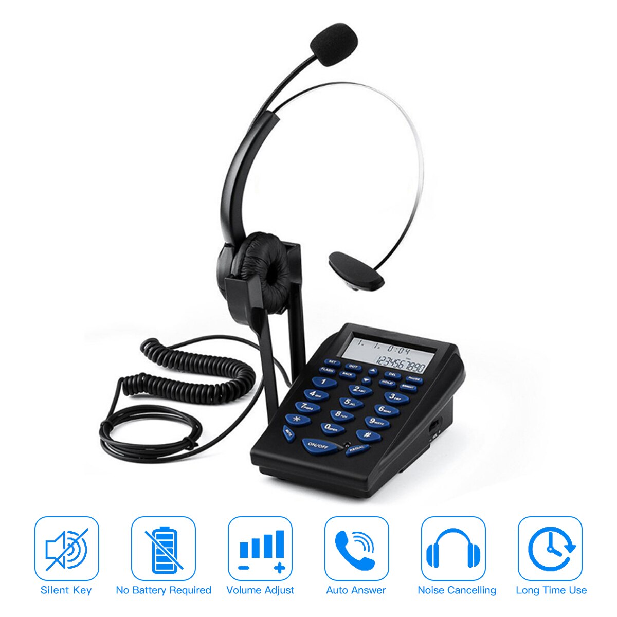 Call center telefon dialpad telefon med ledning med støjreducerende mono headset klar voice caller id genopkald