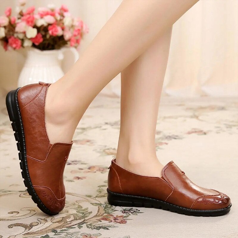 Mocasines vintage de cuero marrón para mujer, zapatos planos antideslizantes de , planos para caminar, para primavera,