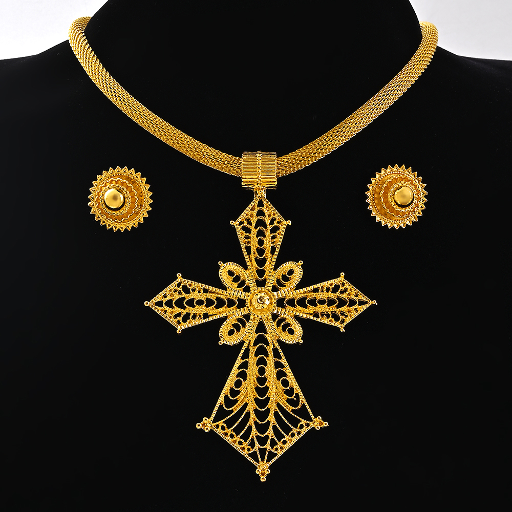 Saoedi-Arabië 24K Goud Kleur Ethiopië Vrouwen Sieraden Ketting Oorbel Afrikaanse Arabische Bruids Set Habesha Eritrea Party