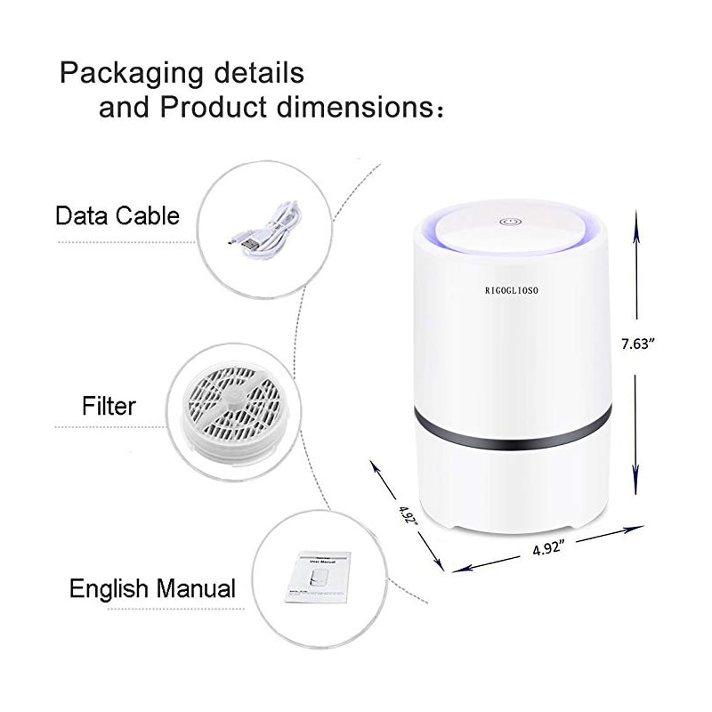 RIGOGLIOSO Air Purifier Air Cleaner for Home HEPA Filters 5V USB Cable Low Noise Air Purifier with Night Light Desktop GL2103