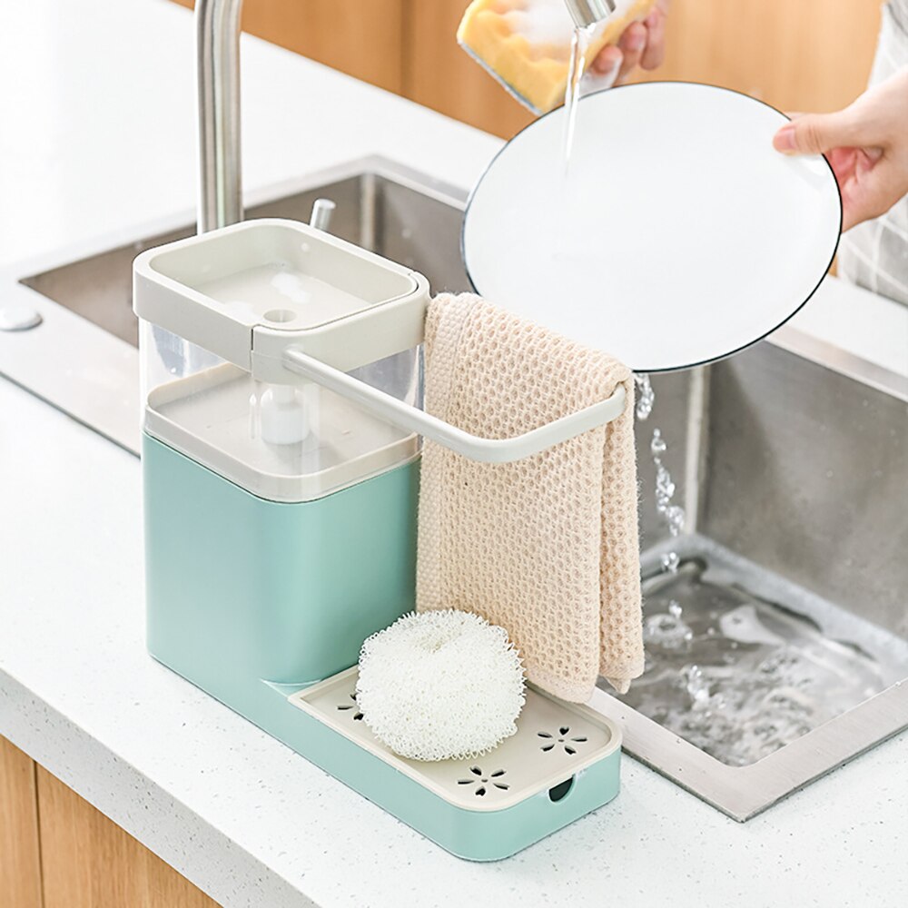 Multifunction Kitchen Detergent Liquid Storage Box Sink Dish Washing Sponge Rack Bathroom Manual Press Liquid Soap Dispenser