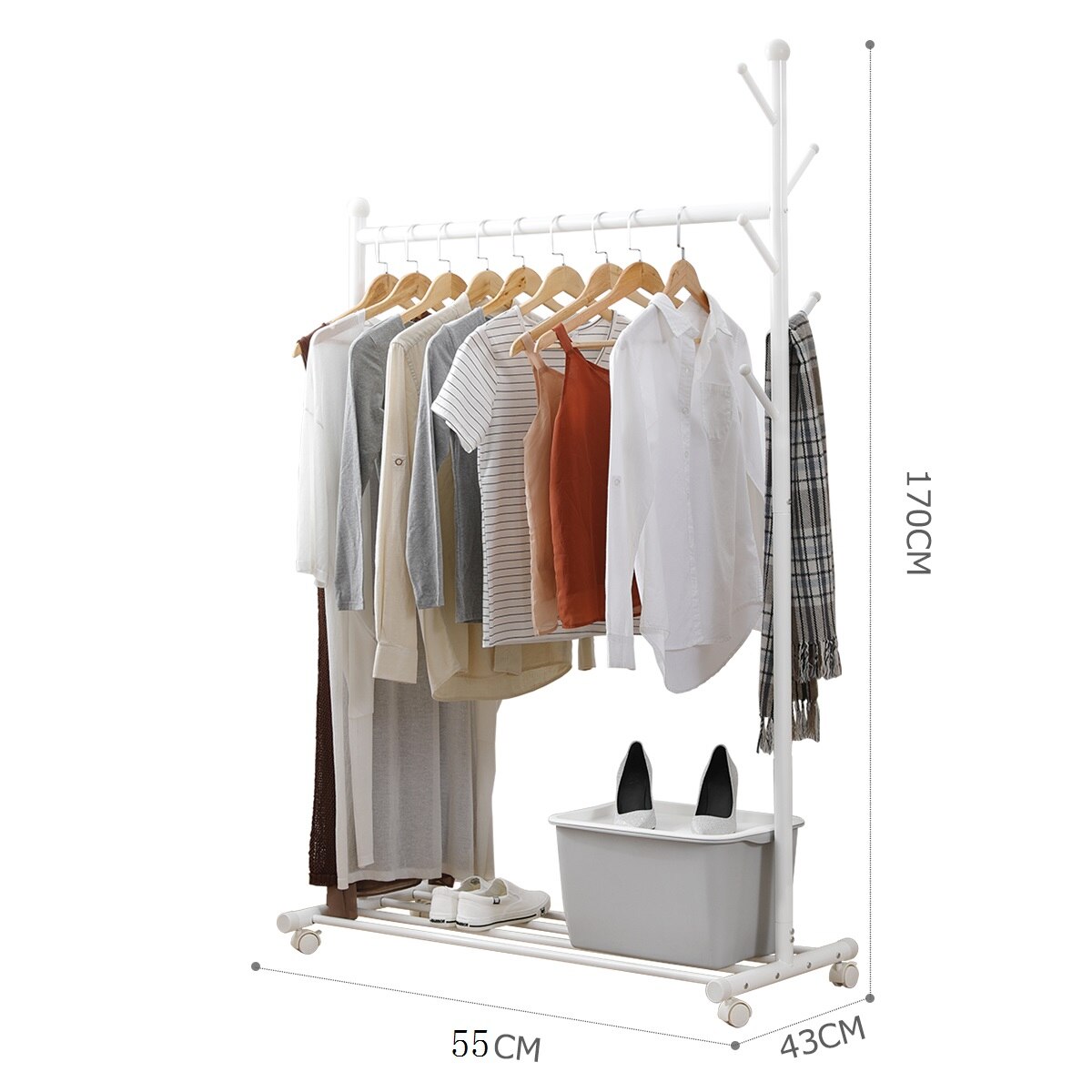 Tøjstativ stålstang hængende tøj rullende tøjstativ organisator tøjbøjlehylder integreret kappestativ på hjul: Hvid