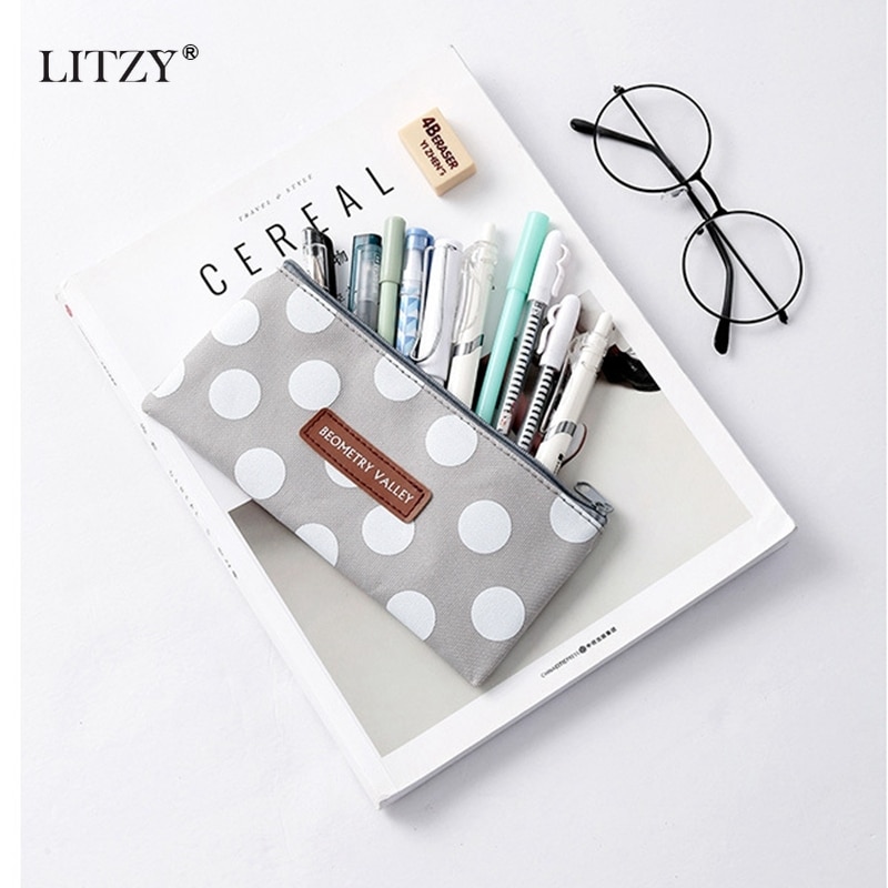 Canvas Pencil Case for School Cute Pen Bag Simple Striped Grid Pencilcase Pen Box Stationery Pouch School Office Supplies