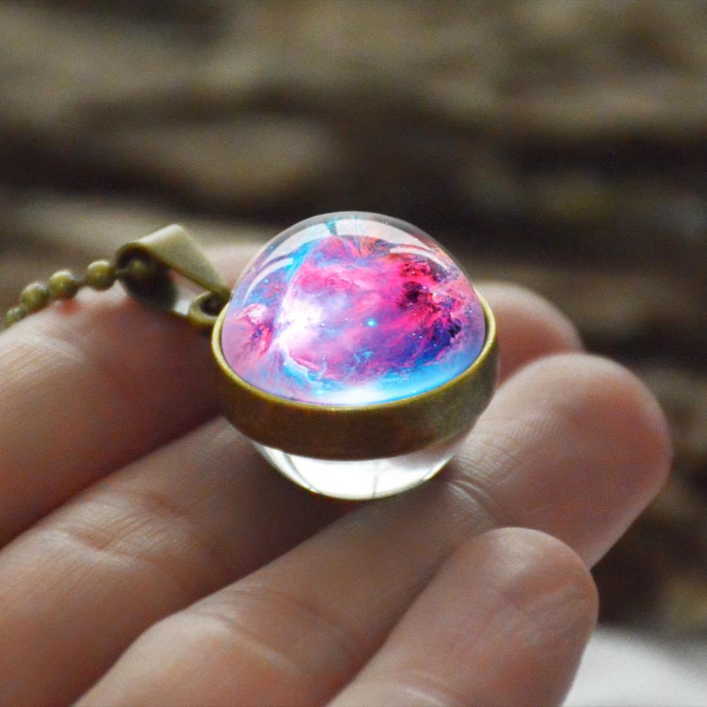 Handmade Universe Star Ball Pendant Necklace Double Sided Glass Ball Glowing Pendant Gold Chain Luminous Planet Jewelry Unisex: style 18