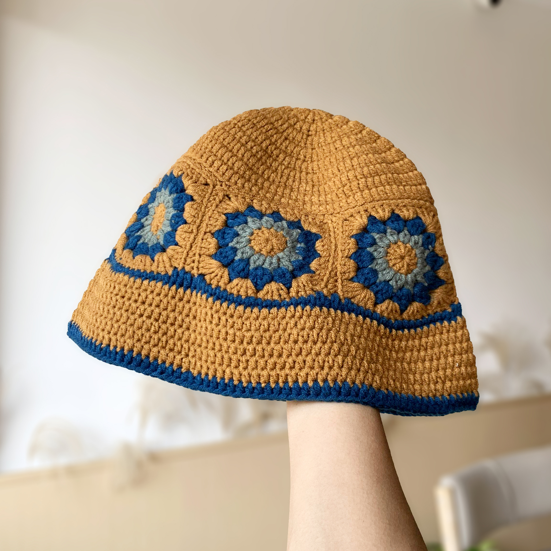 INS Korea Handmade Crochet Bucket Hats for Women Y2k Vintage Summer Beach Hat Flower Hollow Knitted Bob Sombreros Bonnet Caps: SKY BLUE