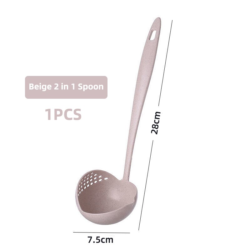 Obelix 2 in 1 Wheat Straw Soup Spoon Long Handle Porridge Spoons Meal Filter Tableware Home Cooking Tools Kitchen Accessories: Apricot-1PCS-A