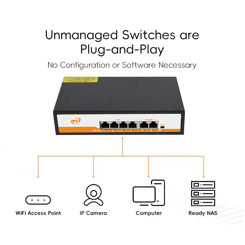 Novo switch ethernet gigabit poe rj45 de 6 portas com plug and play não gerenciado 802.3af/at uplink, para câmera ip/nvr