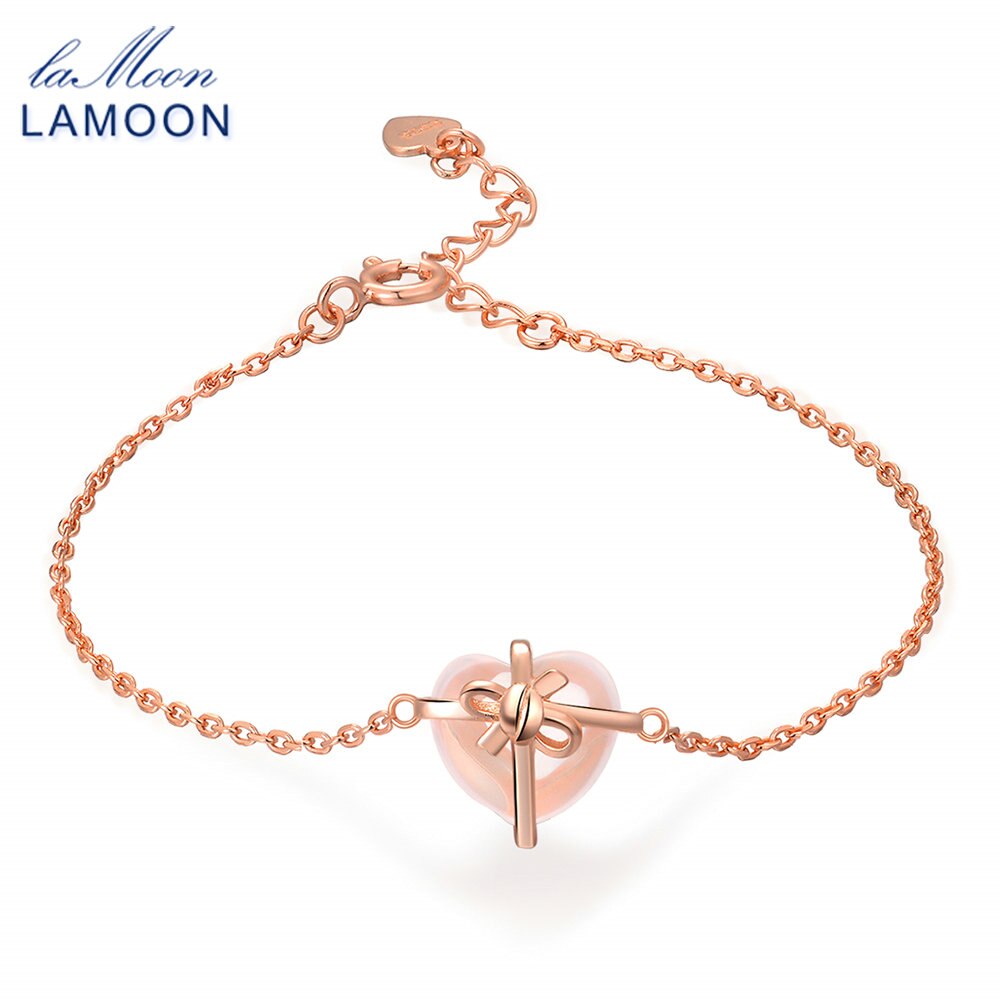 LAMOON 925 Sterling silber Bracele Für Frauen Herz Armbinde Rose Quarz Edelstein 18K Rose Gold Überzogen Feine Schmuck LMHI047