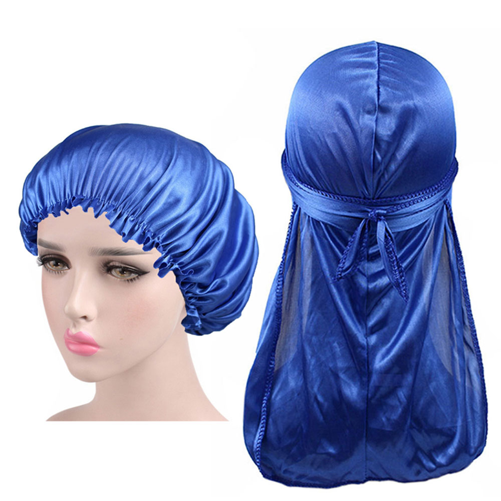Silkemyk durag og pansersett for menn og kvinner langhale du-rag waves cap turban: Kongeblå