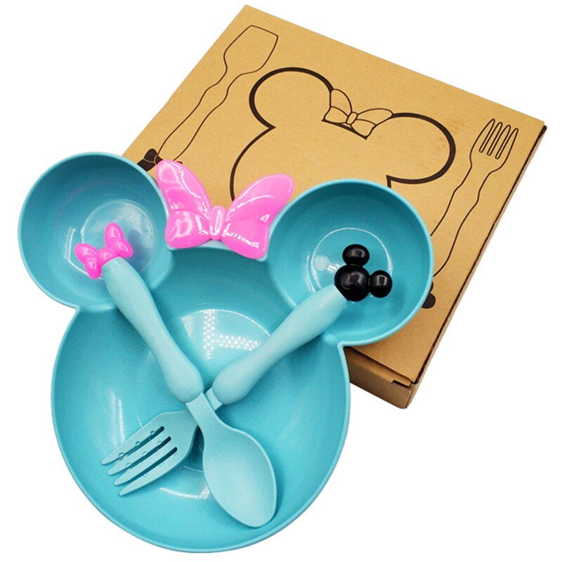 Plato de paja de trigo para bebé, vajilla de dibujos animados, vajilla, Bol para niños, cuchara, tenedor, plato de fruta, cuenco de entrenamiento para niños con platos: Blue(with box)