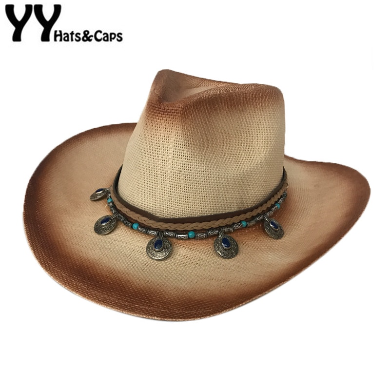 YY Beauty-Gorra de Metal con pajilla de pavo real para mujer, gorro de vaquero occidental transpirable, sombrero de Jazz para montar a caballo, gorra con visera ancha CM19023