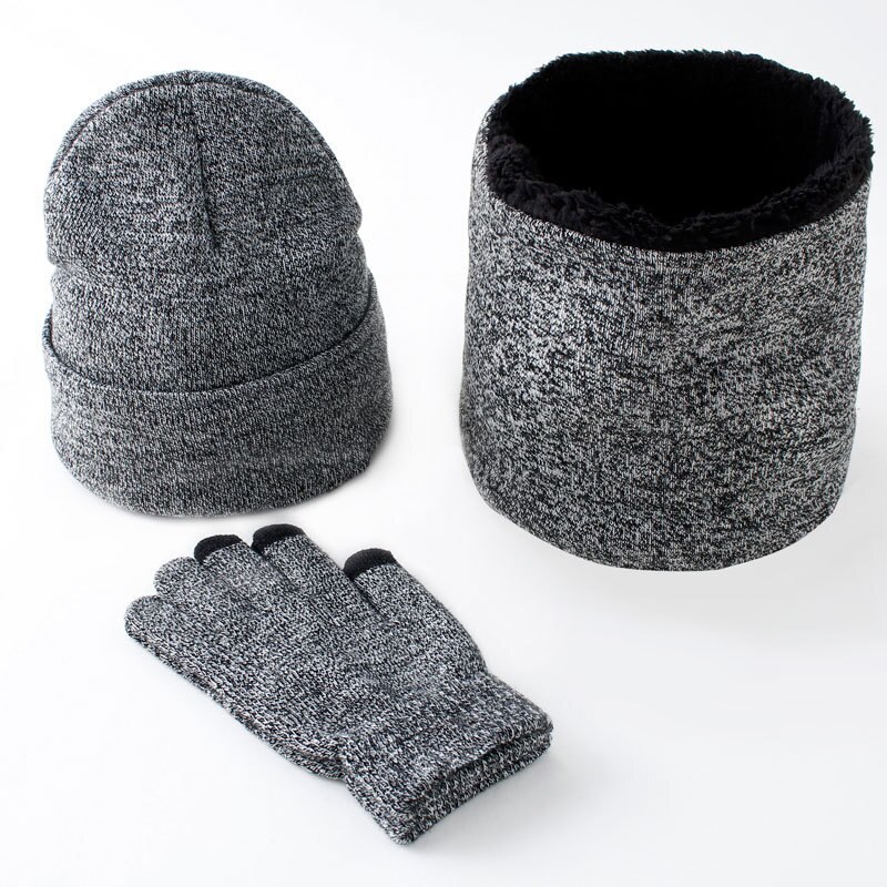 3 st/set mössor halsdukshandskar par vinter vindtäta tjocka halsdukar kit stickad plus sammetsmössa scarfset för män: Grå