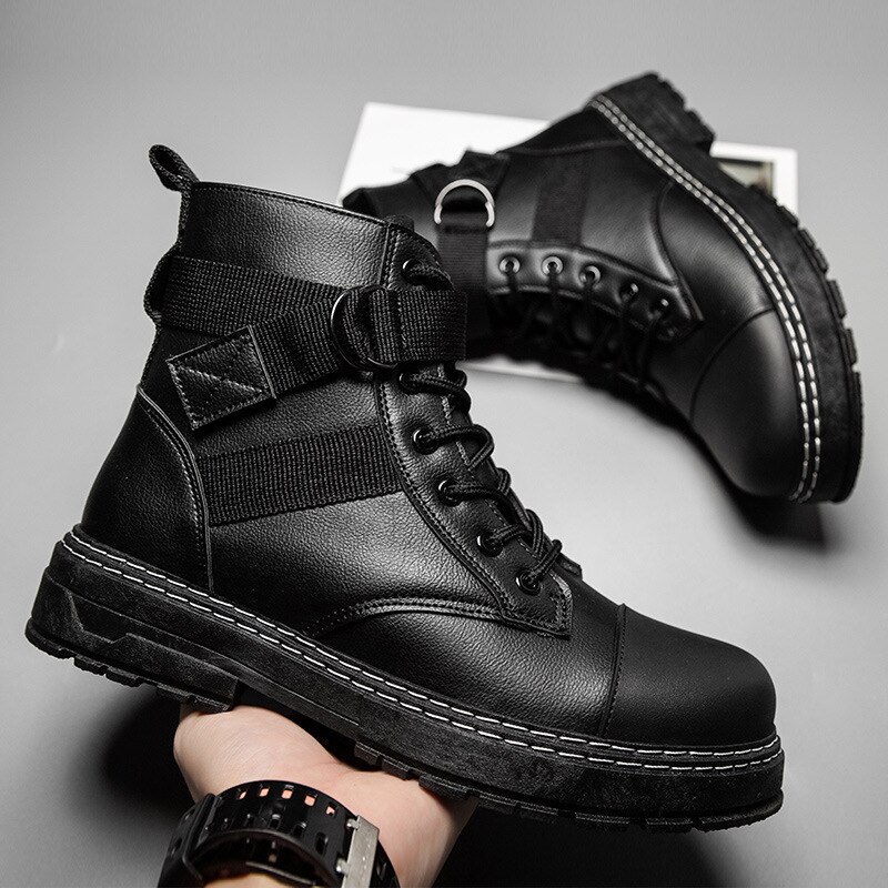 Men Ankle Martin Boots Outdoor Leather Black Autumn Spring Non-slip Walk Male Casual Flats Shoes Sneakers Comfortable