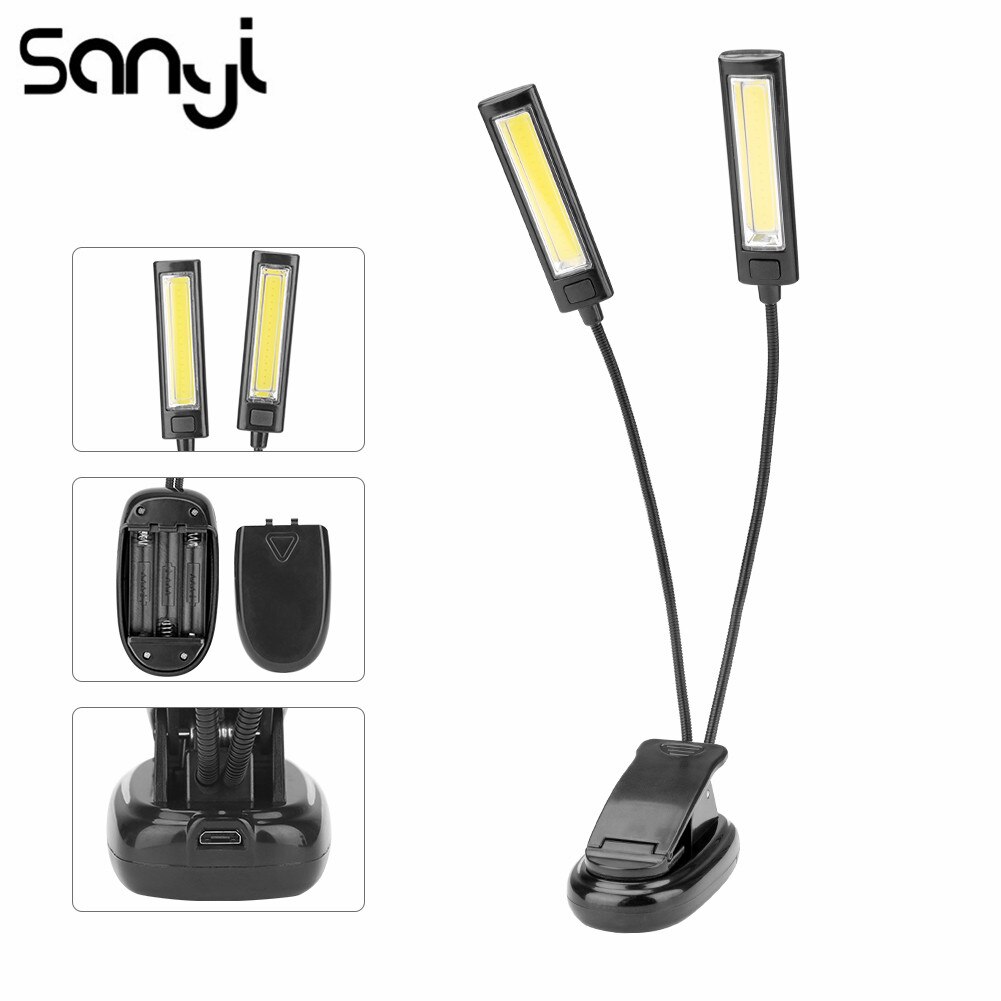SANYI Flexible Dual Arms Book Reading Desk Tablet Lamp 2 LED Sheet Music Stand Light Student Dormitory Lights With Clip