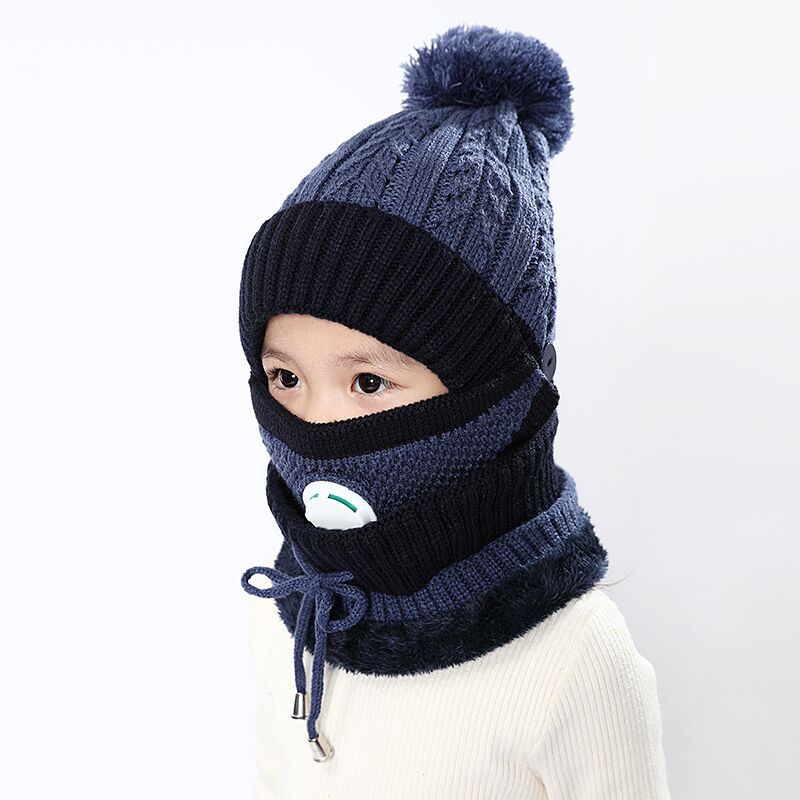 3 in 1 Kids Knitted Scarf Hat Face Mask Set with Breathing Valve Winter Warm Soft for Children Outdoor -MX8: Blue