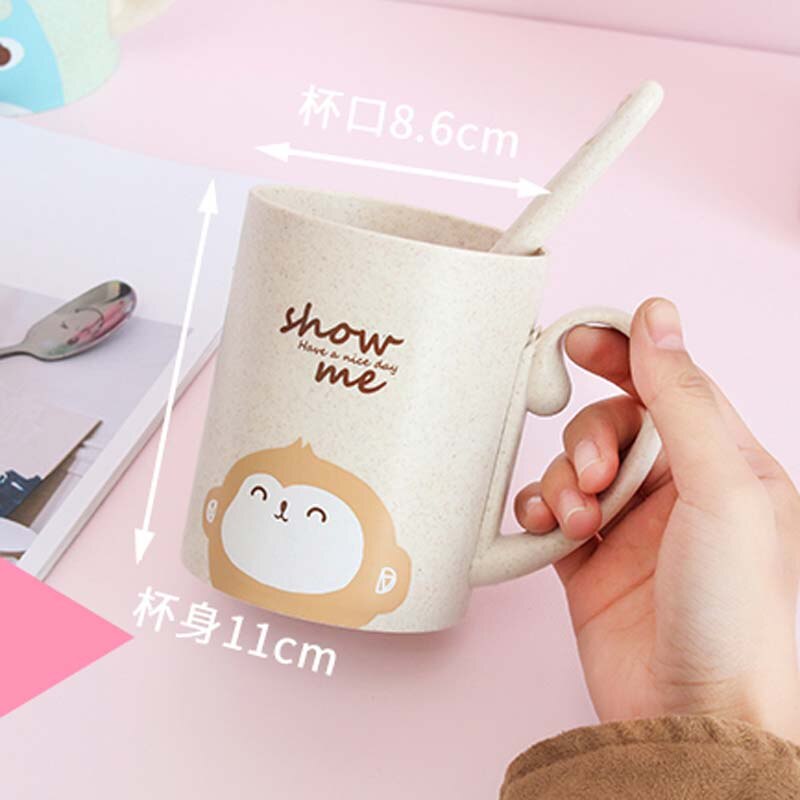 Tazas de bambú para bebé, vasos bonitos de 450ML para alimentación, con asa, cuchara, Material seguro para la Naturaleza, vasos de leche para niños