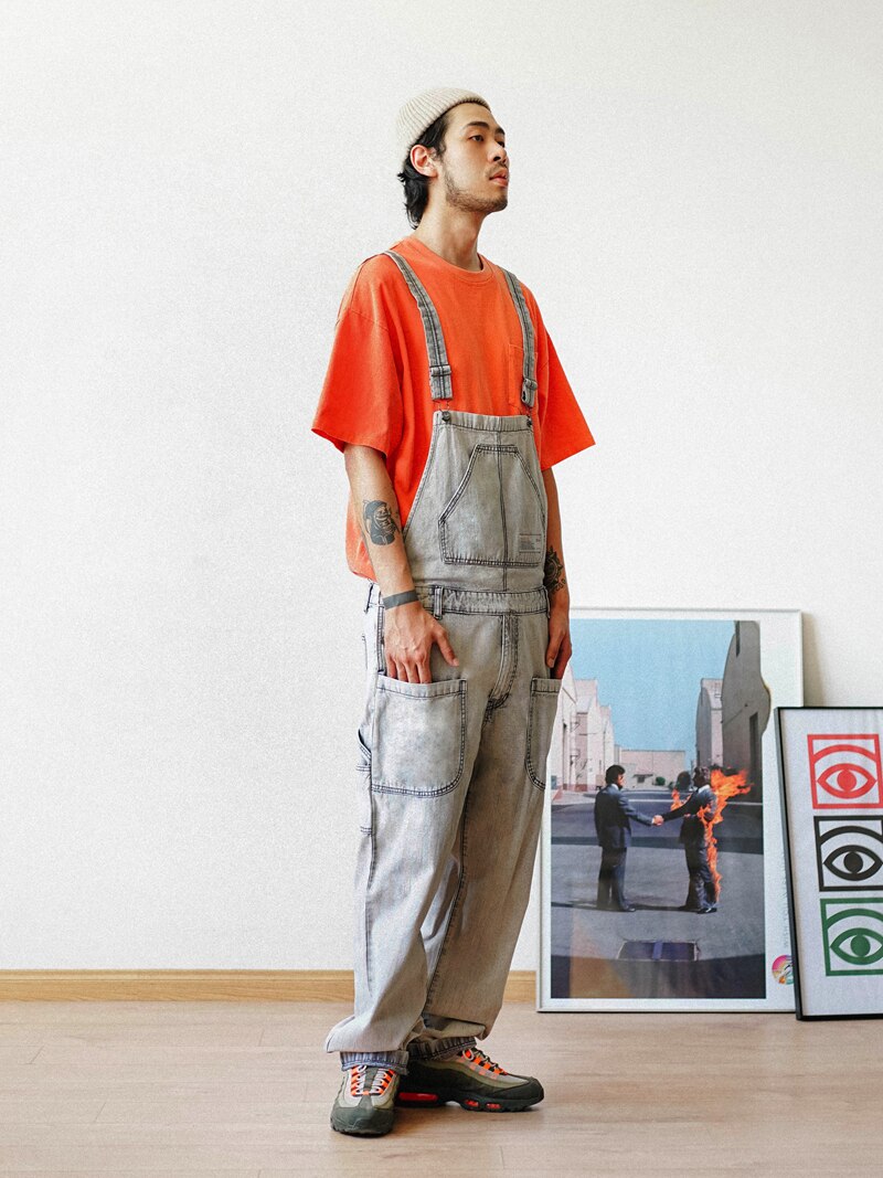 Safari stil denim overalls til mænds funktionelle multi-pocke bib-bukser work cargo bukser mænd baggy bib jeans