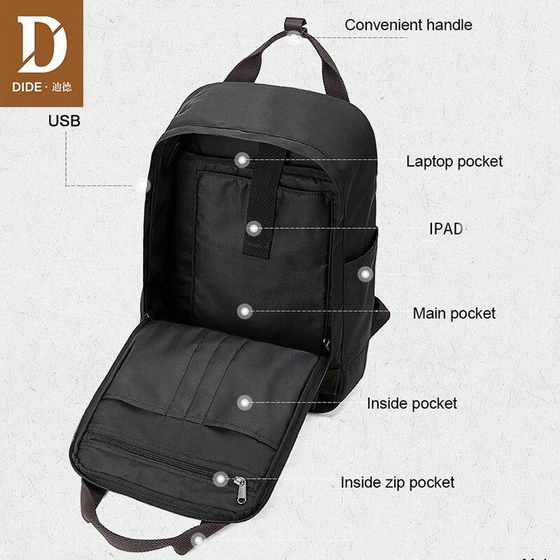 DIDE moda w stylu zwykły, czarny plecak męnarty z ładowaniem USB podróżny plecak PU skóra 14/15 calowy plecak na laptopa męnarty tornister