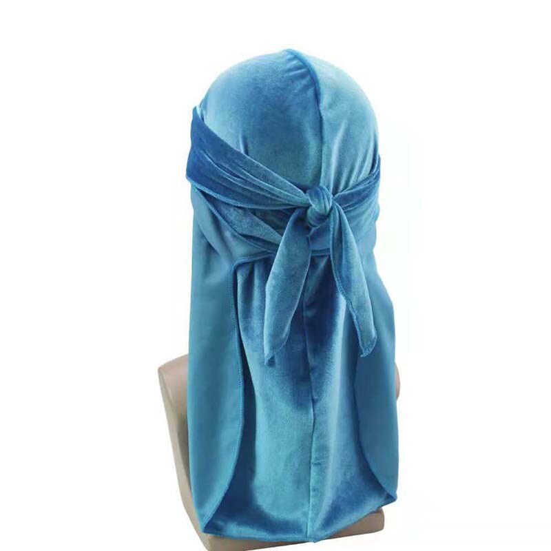Velvet Long Tail Durag Men Hip Hop Turban Unisex Men Women Breathable Bandana Hat velvet Durag Breathable Bandana Hat: Light Blue
