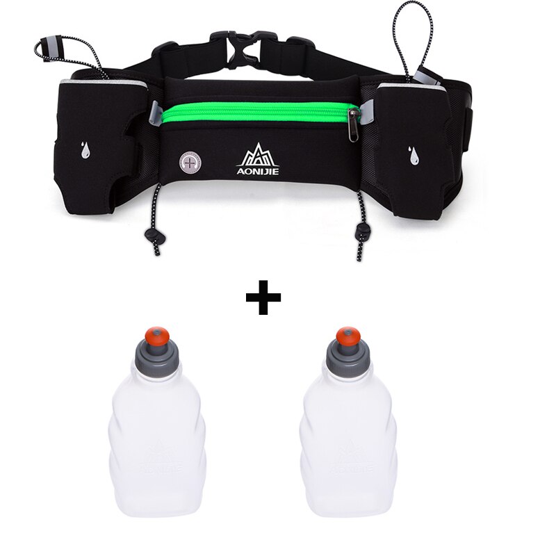 Aonijie løbende taljepakke udendørs sport vandreture racing gym fitness letvægtsreflekterende hydrering bælte vandflaske hoftepose: Grøn med flaske