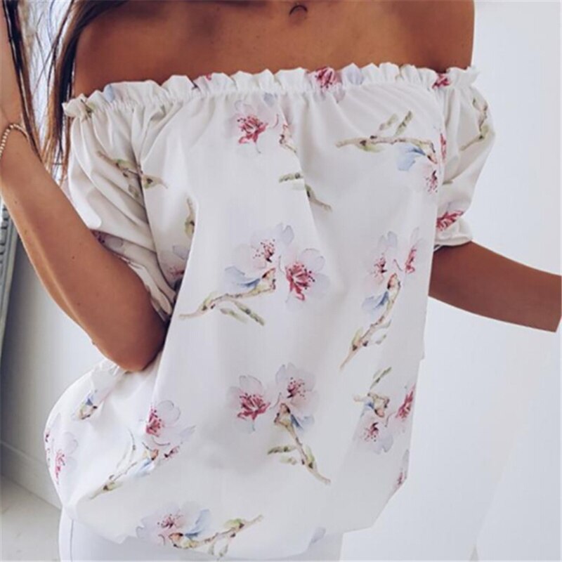 Mujeres hombro blusa, polera Floral de verano Casual Tops señora Loose camisa de manga corta de ropa de cuello ojal: Blanco / M