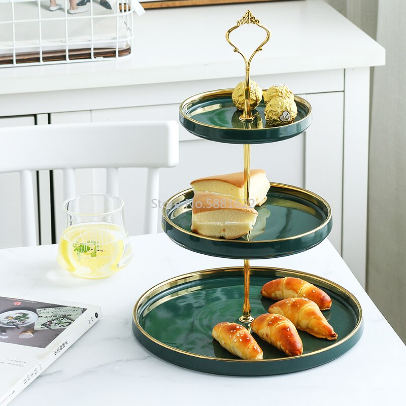 Assiette de fruits en céramique vert émeraude trois couches assiettes à gâteau bonbons Dessert multi-couche plateau après-midi thé Snack Stand ménage